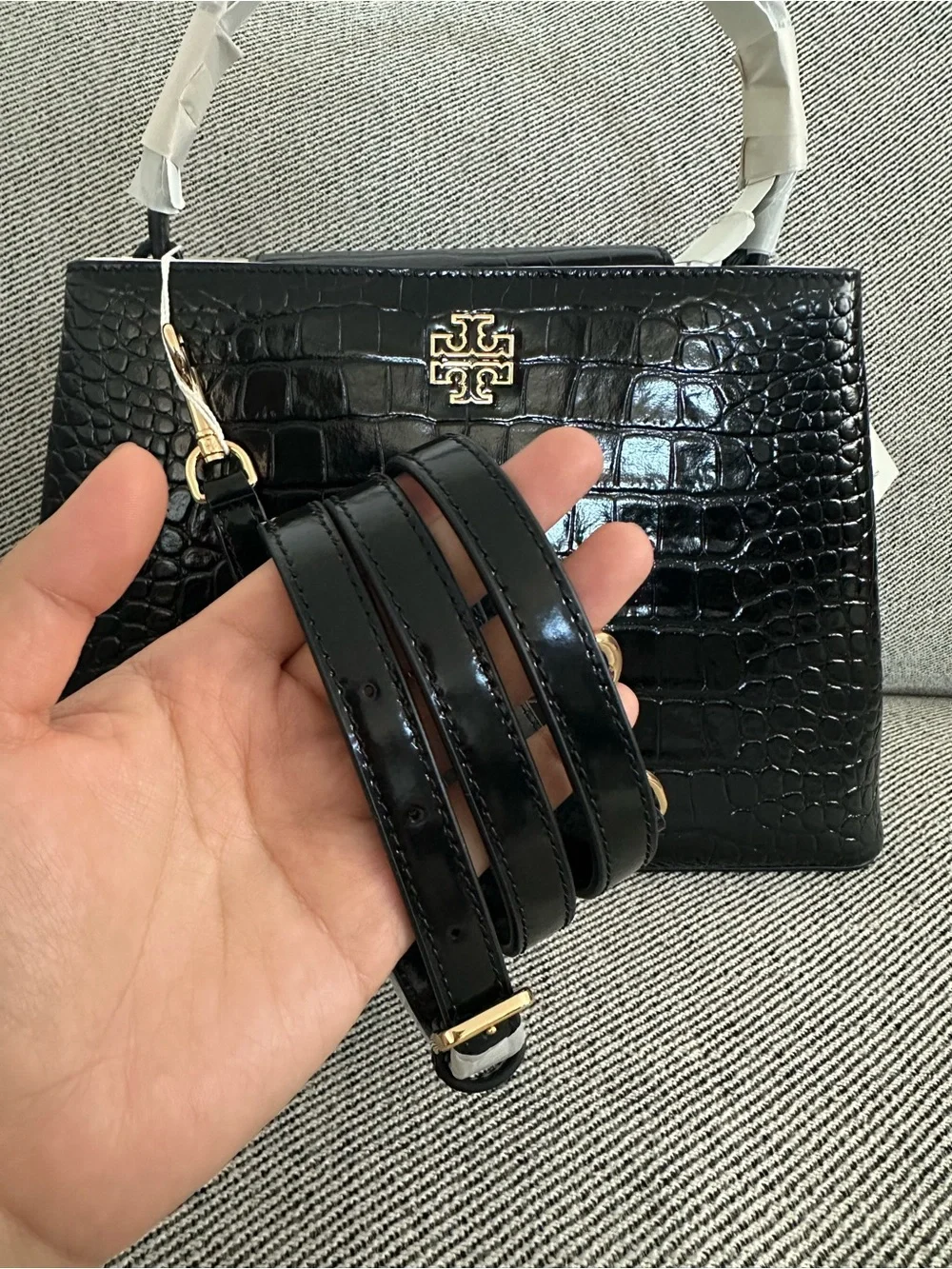 NWT Tory Burch Britten Embossed Croc Leather Satchel Bag Black $850